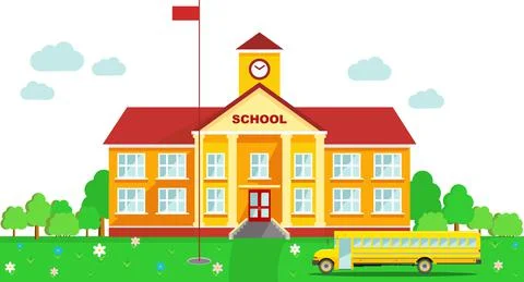 Panoramic background with school building and school bus in flat style Illustrazione stock
