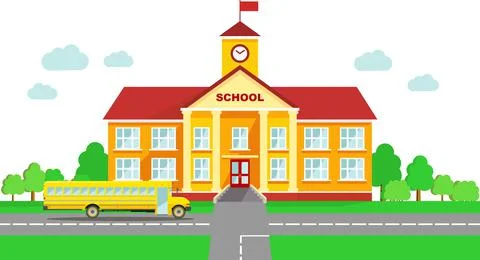 Panoramic background with school building and school bus in flat style Illustrazione stock