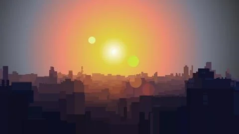 Panoramic background of the silhouette city in the rays of the sun Stock Illustration