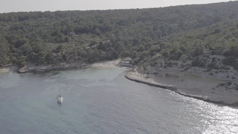 Panoramic beach view with sailboat, and background forest, Mallorca, raw in 4K Vidéo 89865854