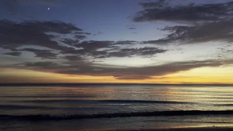 Panoramic Beach View At Twilight With Crescent Moon, Florida Stock Footage 342760850