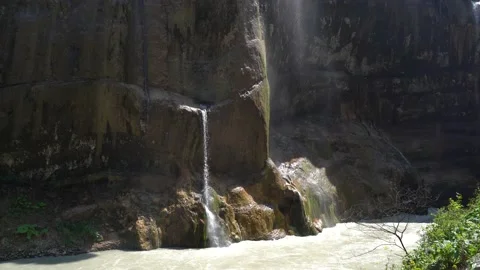 Panoramic beautiful deep forest waterfall. Mountain Foamy Stream Cascade Autumn Stock Footage 163811101