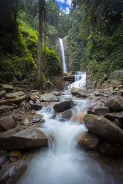 Panoramic beautiful deep forest waterfall in Indonesia Stock Photos
