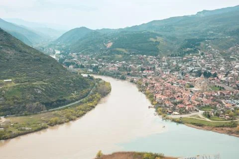 Panoramic beautiful view of Mtskheta with the rivers Kura and Aragvi Stock Photos