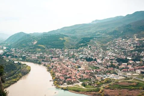 Panoramic beautiful view of Mtskheta with the rivers Kura and Aragvi, Svetits Stock Photos