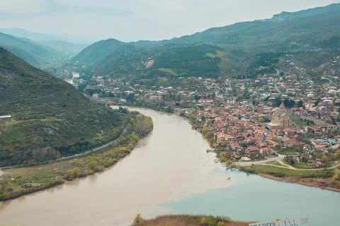 Panoramic beautiful view of Mtskheta with the rivers Kura and Aragvi Stock Photos