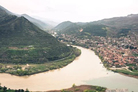 Panoramic beautiful view of Mtskheta with the rivers Kura and Aragvi, Svetits Stock Photos