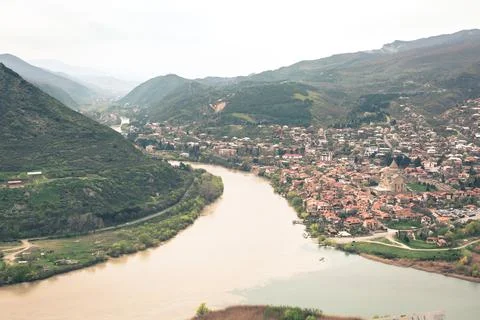 Panoramic beautiful view of Mtskheta with the rivers Kura and Aragvi, Svetits Stock Photos