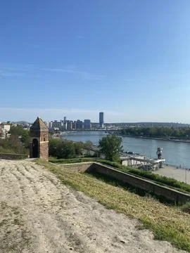 Panoramic Belgrade cityscape with Danube river Stock Photos