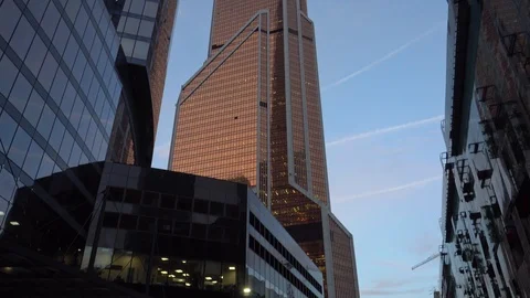 Panoramic bellow view with rotation. Financial district. Skyscrapers. Daytime Stock Footage 105293122