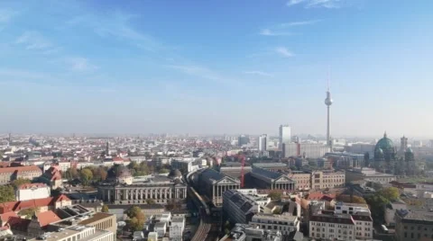 Panoramic Berlin View with trains passing between Buildings | Very High View Stock Footage 43094571