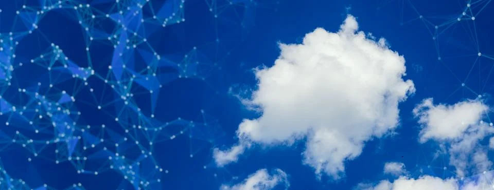 Panoramic blue sky with white clouds and futuristic digital plexus network .. Stock Illustration