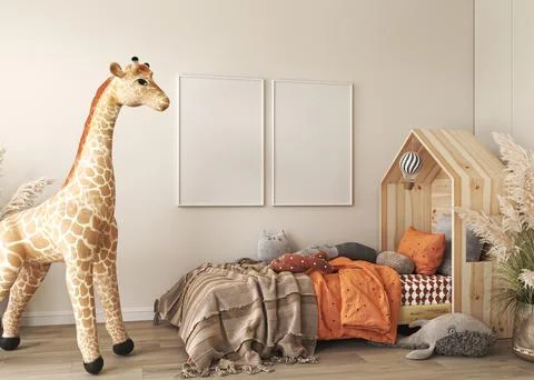 Panoramic boho interior for baby's room Scandinavian style. Wooden bed, large 스톡 일러스트