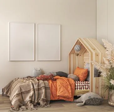 Panoramic boho interior for baby's room Scandinavian style. Wooden bed, large Illustrazione stock