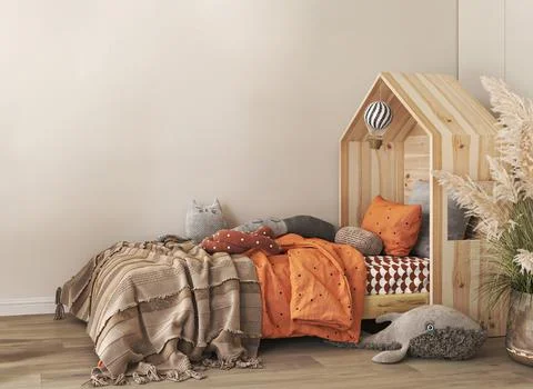Panoramic boho interior for baby's room Scandinavian style. Wooden bed, large Illustrazione stock