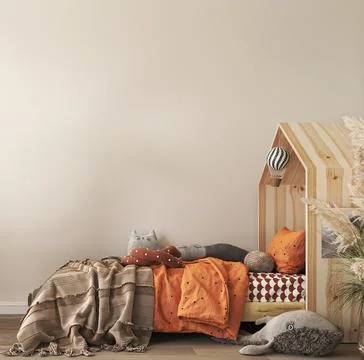 Panoramic boho interior for baby's room Scandinavian style. Wooden bed, large Ilustración de archivo