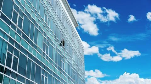 Panoramic Building Facade with one opened Window, with blue sky and white clouds Stock Photos
