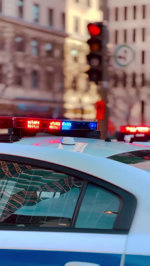 Panoramic camera movement on two police cars with blinking flashing lights,.. Stock Footage 224779915