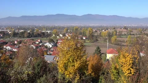 Panoramic a characteristic settlement and tiled village mosque in Central Stock Footage 339558006