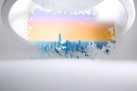 Panoramic city skyline is being shown through paint splatter framed oval cutout Stock Illustration