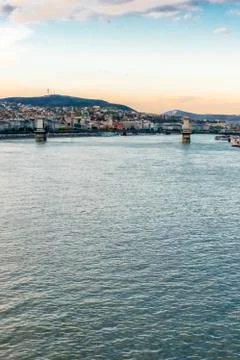 Panoramic city view of Buda hills from river Danube, Budapest, Hungary. Stock Photos