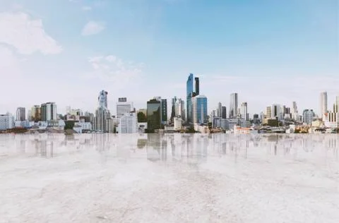Panoramic city view with empty concrete floor, for copy space Stock Photos