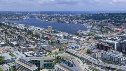 Panoramic city view on sunny clear day with transport on the highway Video stock 80486862