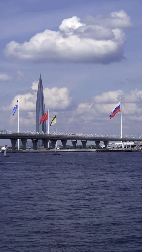 Panoramic cityscape featuring the Lakhta Center skyscraper, the Gulf of Fin.. Stock Footage 323973187