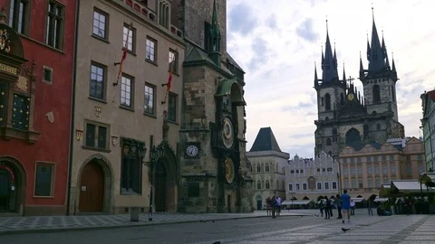 Panoramic cityscape of the Old Town square with Tyn Church in Prague Stock Footage 73125886