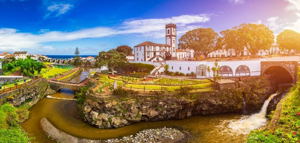 Panoramic cityscape view to Municipality and central square Of Ribeira Grande Stock Photos