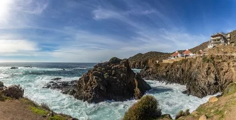 Panoramic of the cliff where the bufadora is, which is a geyser. Stock Photos