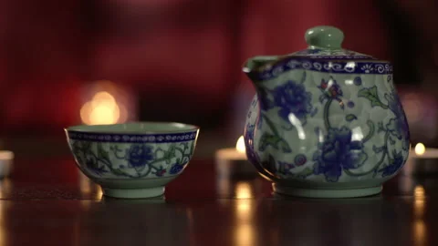 Panoramic close-up of the Thai massage salon's tea table Stock Footage 223210380