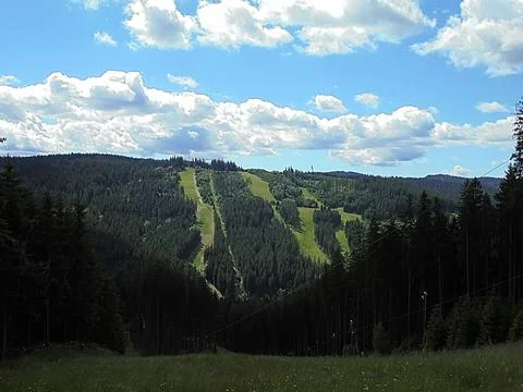 Panoramic closer range view on mountain ski slope in summer Foto stock
