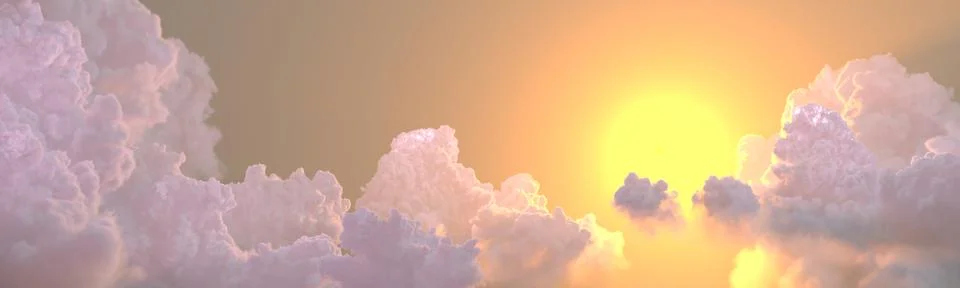 Panoramic clouds sunset with sun rays - digital nature 3D illustration 스톡 일러스트