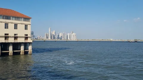 Panoramic colonial building with Panama City skyline and coastal road Stock Footage 343788672
