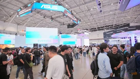 Panoramic Computex Taipei exhibition hall with visitors Stock Footage 335479082