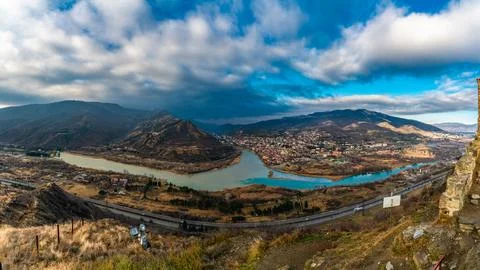 Panoramic Confluence of Mtkvari and Aragvi Rivers at Mtskheta, Georgia Photos