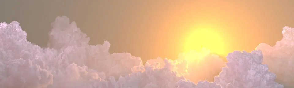 Panoramic cumulus sunset with sun rays , cg nature 3D rendering Illustrazione stock