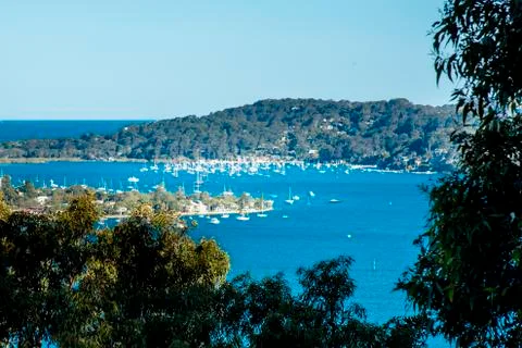 Panoramic daytime view from West Head Lookout to Pittwater, Australia. Stock Photos