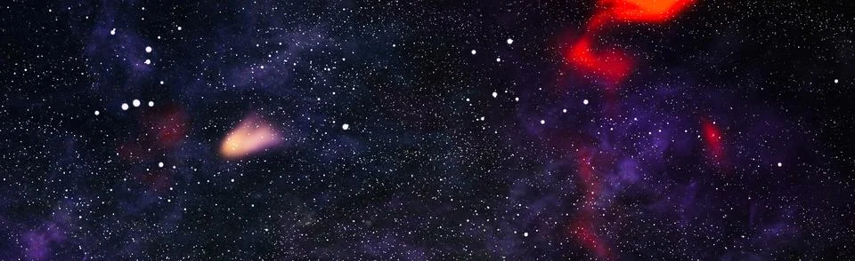 Panoramic deep space background. Dark starry night sky with fiery red nebula  Stock Illustration
