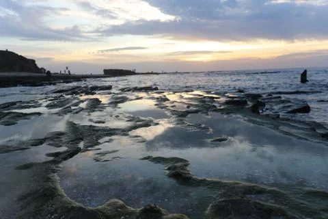 Panoramic dramatic tropical sunset sky and sea at dusk Stock Photos