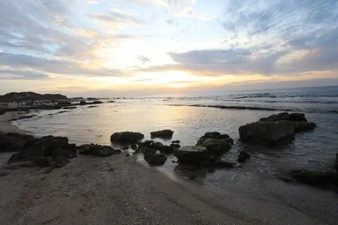 Panoramic dramatic tropical sunset sky and sea at dusk Stock Photos