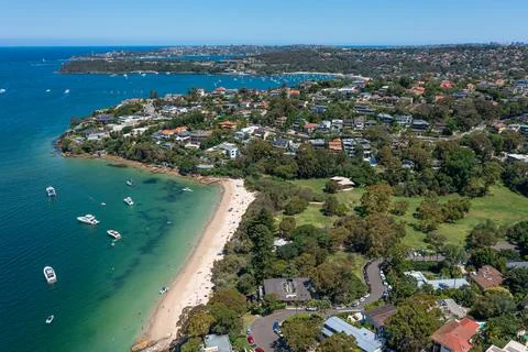 Panoramic drone aerial view over Cobblers Bay and Chinamans Beach in Mosman.. Stock Photos