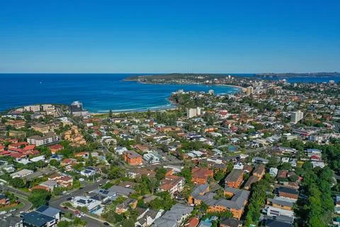 Panoramic drone aerial view over Freshwater, Queenscliff and Manly in the N.. Stock Photos
