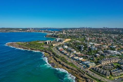 Panoramic drone aerial view over Freshwater, Queenscliff and Manly in the N.. Stock Photos