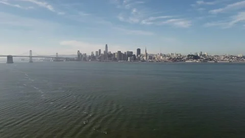 Panoramic drone clip of Bay Bridge to Alcatraz 스톡 동영상 234080391