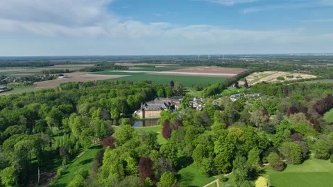 Panoramic Drone Flight over Schloss Dyck and Spring Parkland, Germany Stock Footage 307872929