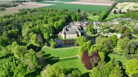 Panoramic Drone Flight over Schloss Dyck and Spring Parkland, Germany Stock Footage 307873177