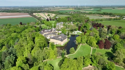 Panoramic Drone Flight over Schloss Dyck and Spring Parkland, Germany Stock-Footage 307873239