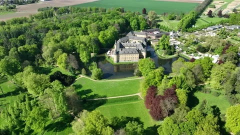 Panoramic Drone Flight over Schloss Dyck and Spring Parkland, Germany Stock Footage 307873240